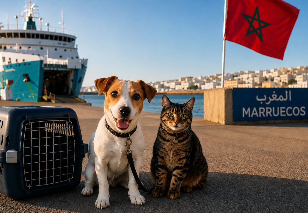A dog and cat near travel luggage at the airport, featured on our Pet Travel Blog